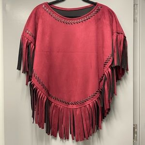 Faux Suede Fringe Poncho Red and Black One Size. New Condition